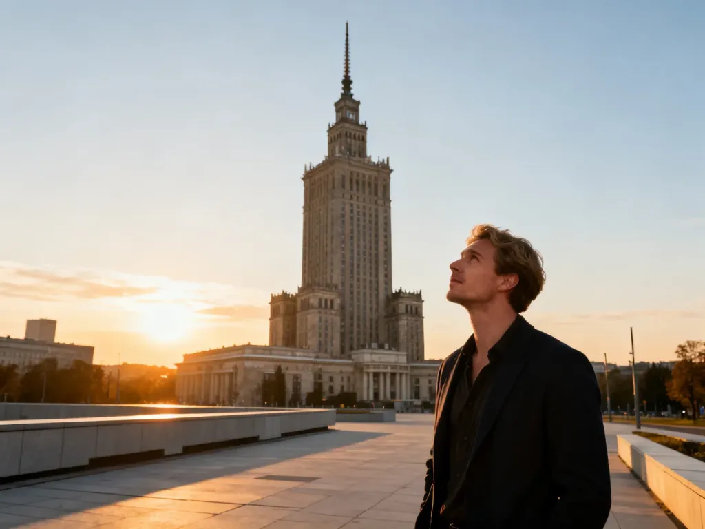 Mężczyzna patrzący na Pałac Kultury i Nauki w Warszawie podczas zachodu słońca.