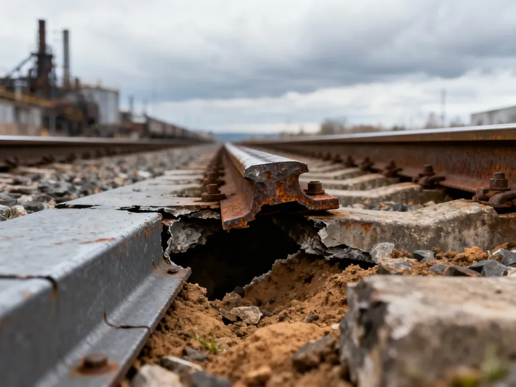 Uszkodzony fragment torowiska z niebezpieczną przerwą w szynie, stanowiącą poważne zagrożenie dla ruchu kolejowego.