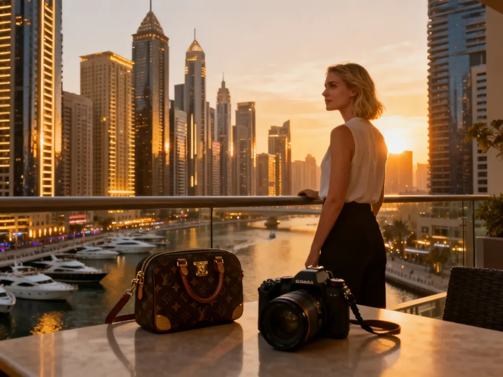 Kobieta na balkonie z widokiem na panoramę Dubai Marina o zachodzie słońca, obok aparat i akcesoria podróżne.