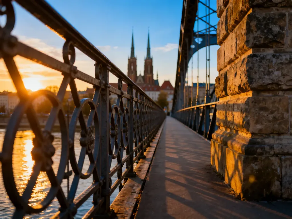 Zabytkowy kamienny most nad Odrą we Wrocławiu w świetle zachodzącego słońca, z widokiem na gotyckie wieże miasta.