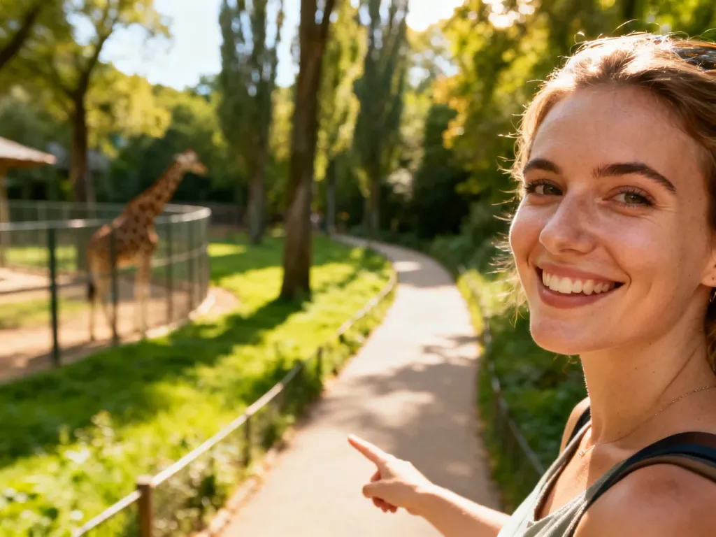Uśmiechnięta kobieta wskazuje wybieg dla zwierząt w krakowskim zoo, w tle widoczna sylwetka żyrafy wśród zieleni.