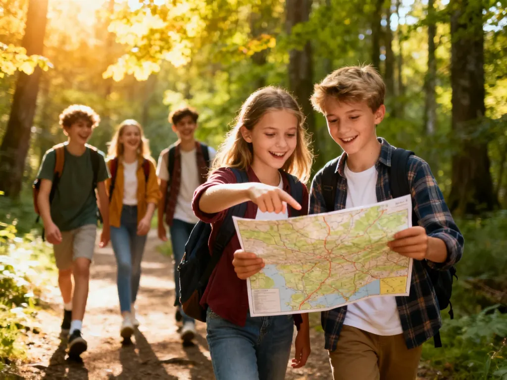 Uśmiechnięci uczniowie z mapą w dłoniach wędrują przez słoneczny las podczas wycieczki klasowej.