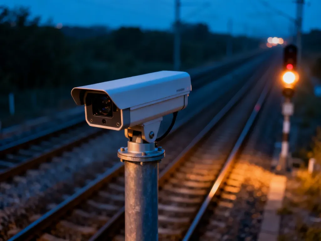 Nowoczesna kamera monitoringu zamontowana przy przejeździe kolejowym o zmierzchu. Urządzenie rejestruje ruch na torach.